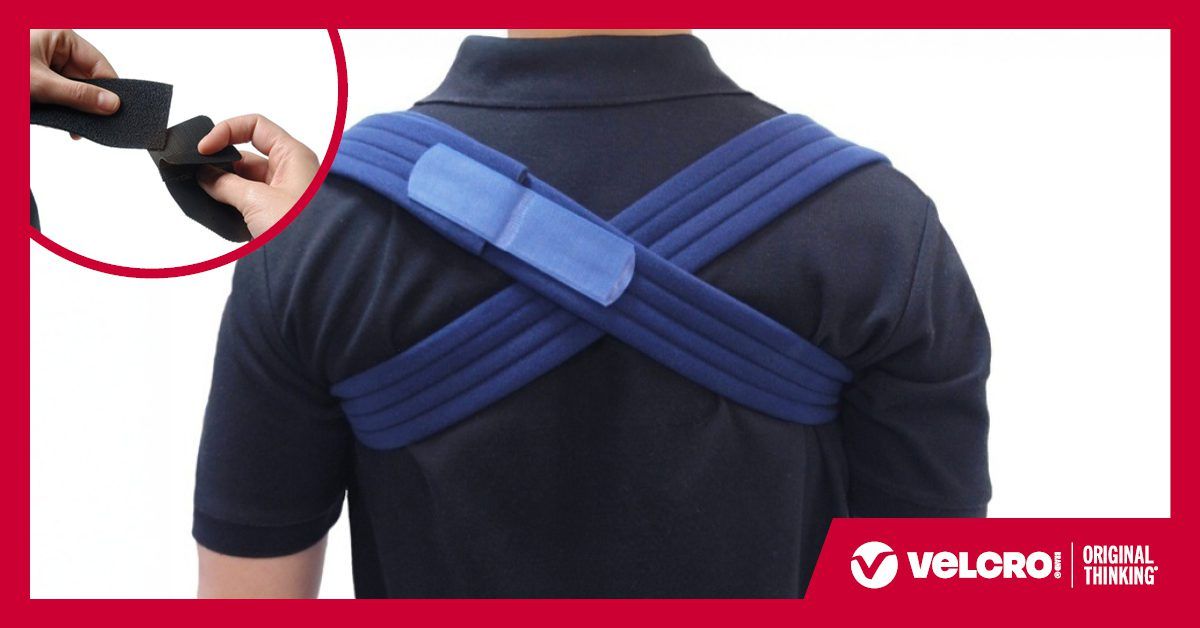 Person wearing a posture corrector with VELCRO® Brand DFL fastener, demonstrating the secure and adjustable fit of medical fasteners. Close-up inset shows hands fastening VELCRO® Brand Alligator Strap.