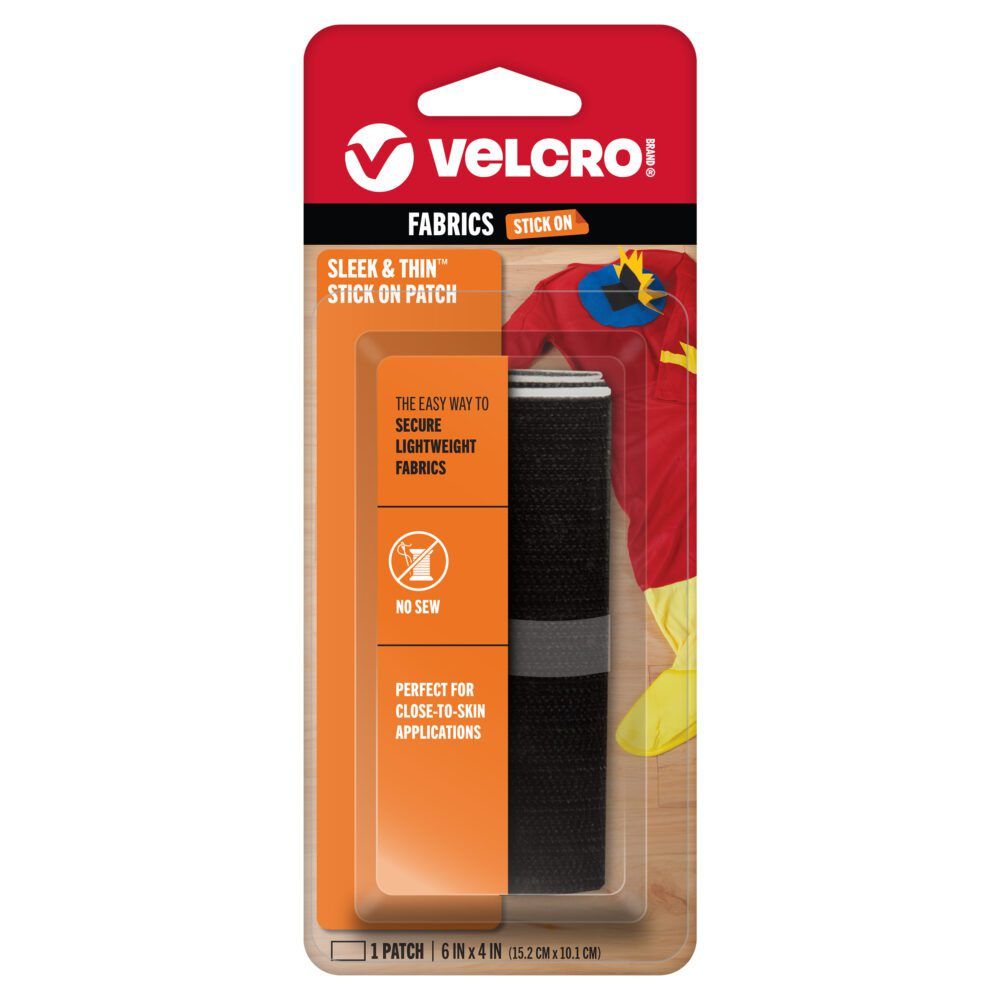 Black 6" x 4" VELCRO® Brand Sleek & Thin™ Stick On Tape for delicate and lightweight fabrics.