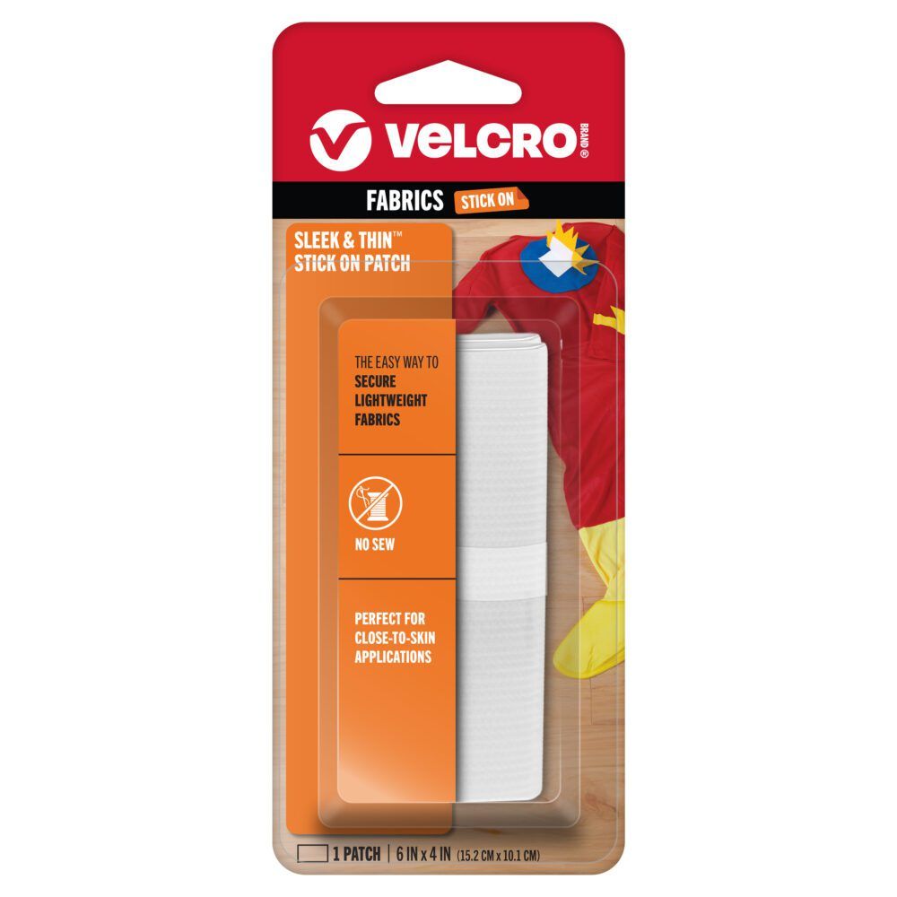 White 6" x 4" VELCRO® Brand Sleek & Thin™ Stick On Tape, requiring no sewing.