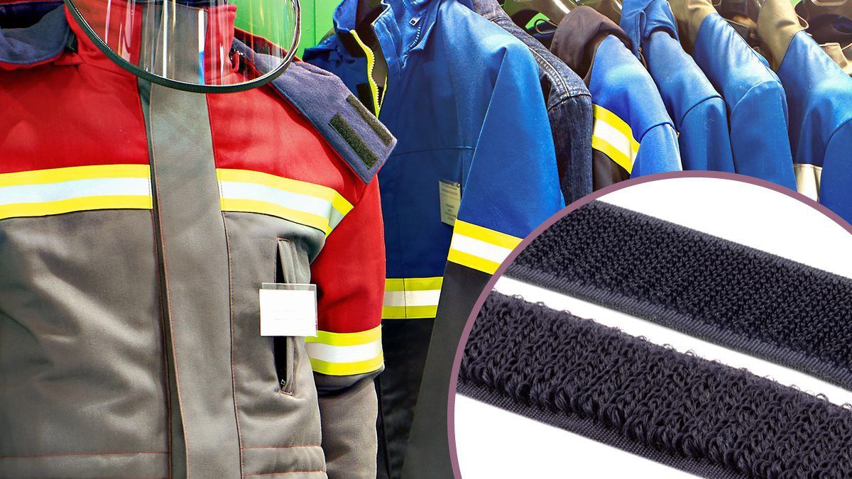Workwear jackets with reflective stripes and VELCRO® Brand hook and loop fasteners, including close-up of fastener strips for industrial use.