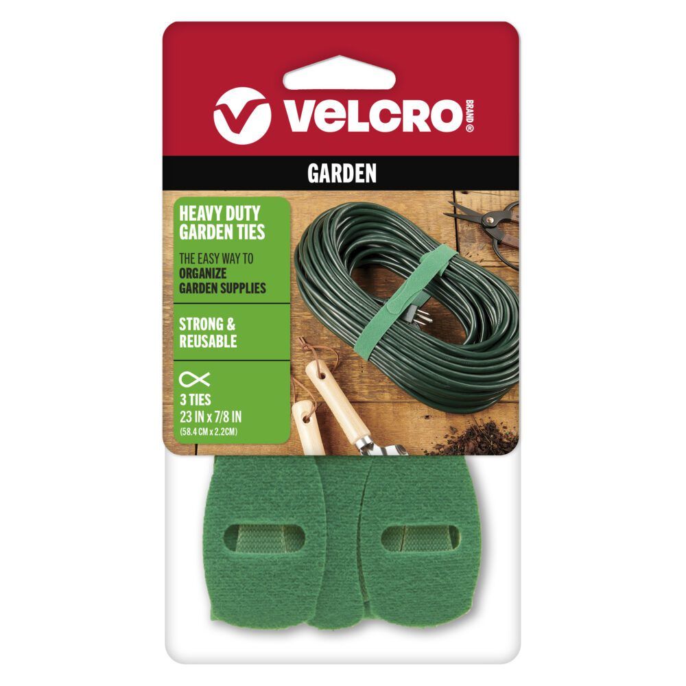 VELCRO® Brand Heavy Duty Garden Ties pack of three for organizing garden supplies.