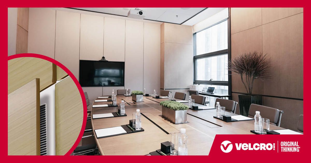 Conference room with meeting setup and inset of industrial fasteners, featuring VELCRO® Brand fasteners.