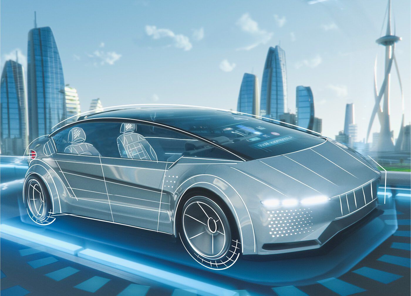 Futuristic car containing VELCRO® Brand hook and loop fasteners in modern city.