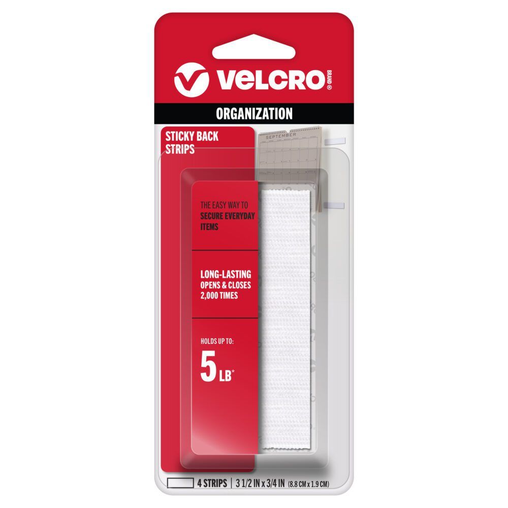 White VELCRO® Brand Sticky Back Strips package featuring 4 adhesive fastener strips, 3.5 in x 0.75 in, ideal for home, office and classroom organization. Highlights include strong hold up to 5 lbs, reusable up to 2,000 times and easy peel-and-stick application.