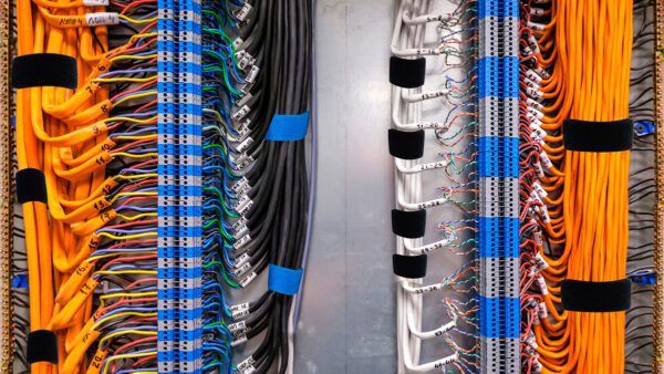 VELCRO® Brand Professional Series hook and loop fasteners organizing labeled cables in a high-performance industrial cable management system.