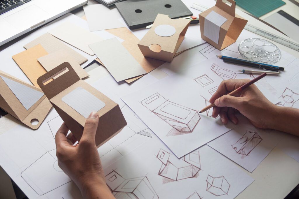 Various prototypes of packaging are on a working desk.