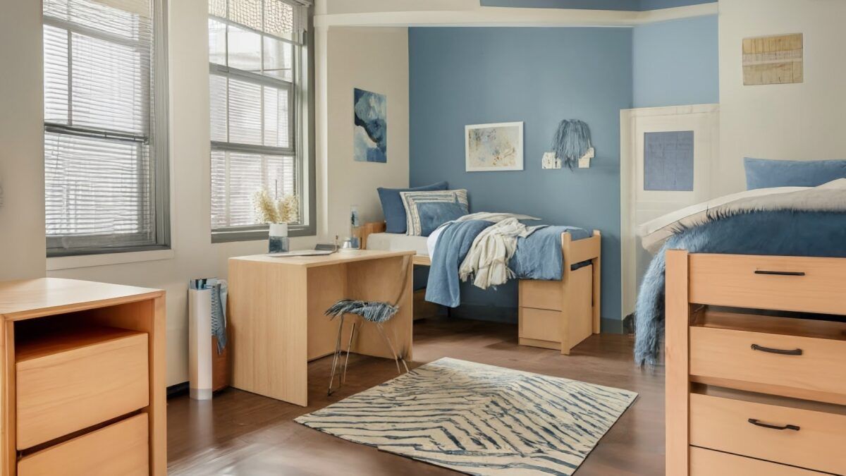 blue Dorm Room with rug