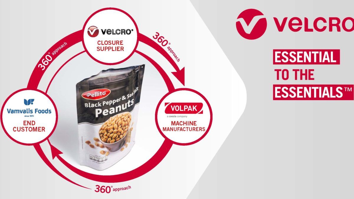 360 approach to flexible packaging. Vamvalis, VOLPAK and Velcro Companies' logos and the Pellito package