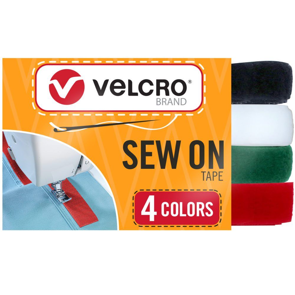 VELCRO® Brand Sew on Tape 4 Color Variety pack with black, white, green and red hook and loop fasteners.