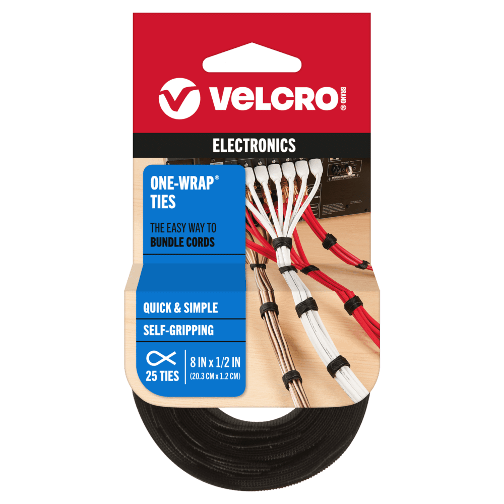 Unused black VELCRO® Brand tie wraps in their packaging.
